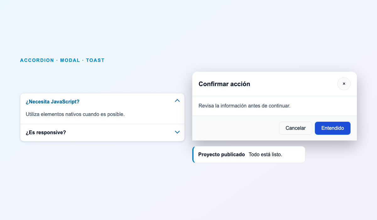 Componentes reales Accordion, Modal y Toast renderizados con QuicklyCSS