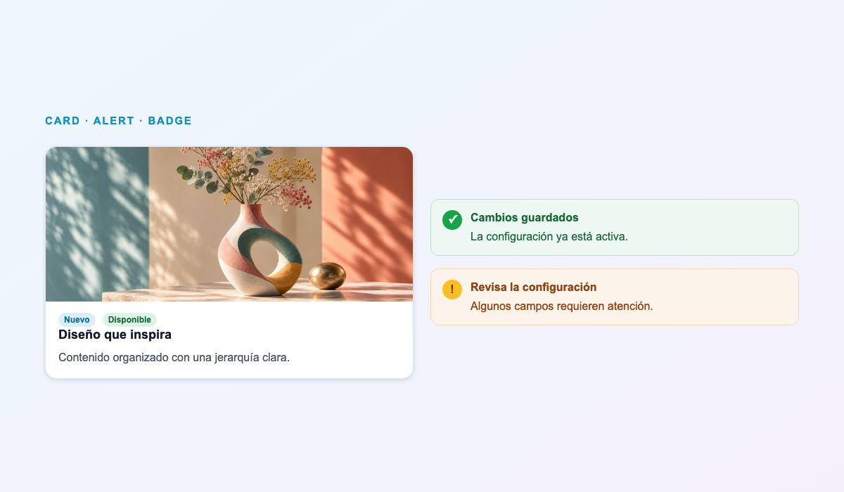 Componentes reales Card, Alert y Badge renderizados con QuicklyCSS