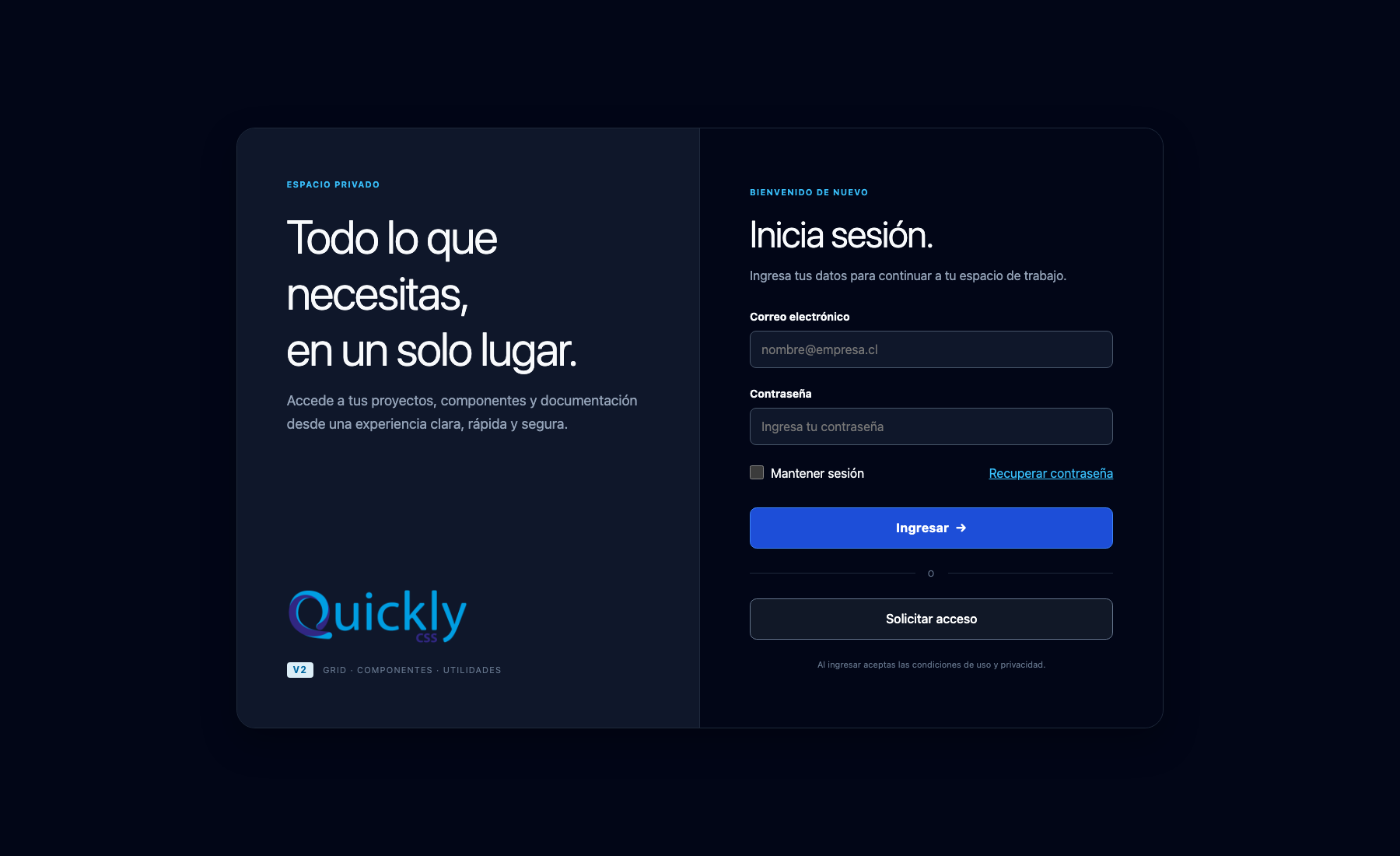 Vista del template de inicio de sesión de Quickly con panel de marca y formulario oscuro